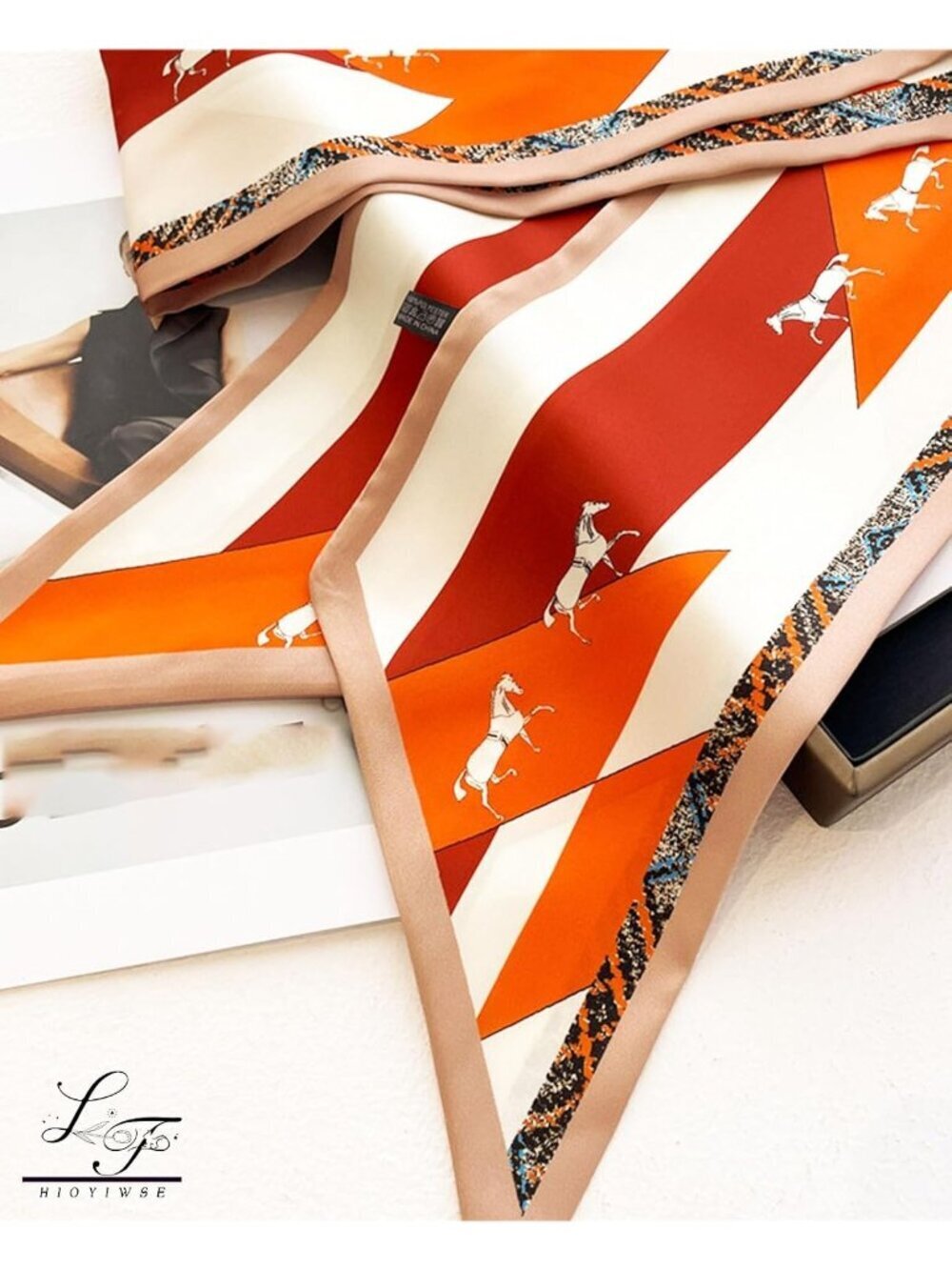 Women's Orange Printed Square Headscarf Bandanas Hair Scarf Neck Scarves - Picture 2 of 5
